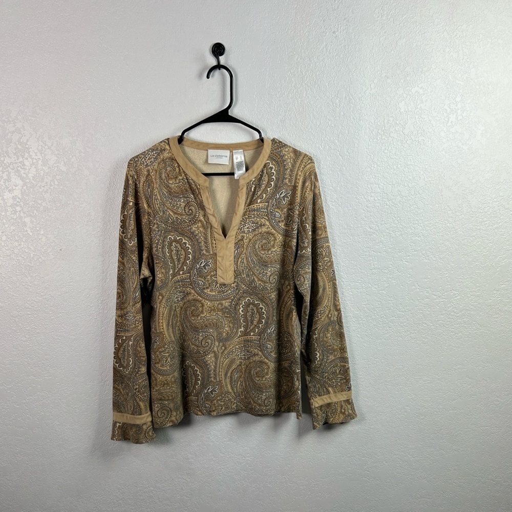 Liz Claiborne Women’s Beige Tan Brown Paisley Long Sleeve Shirt Sz XL Casual
